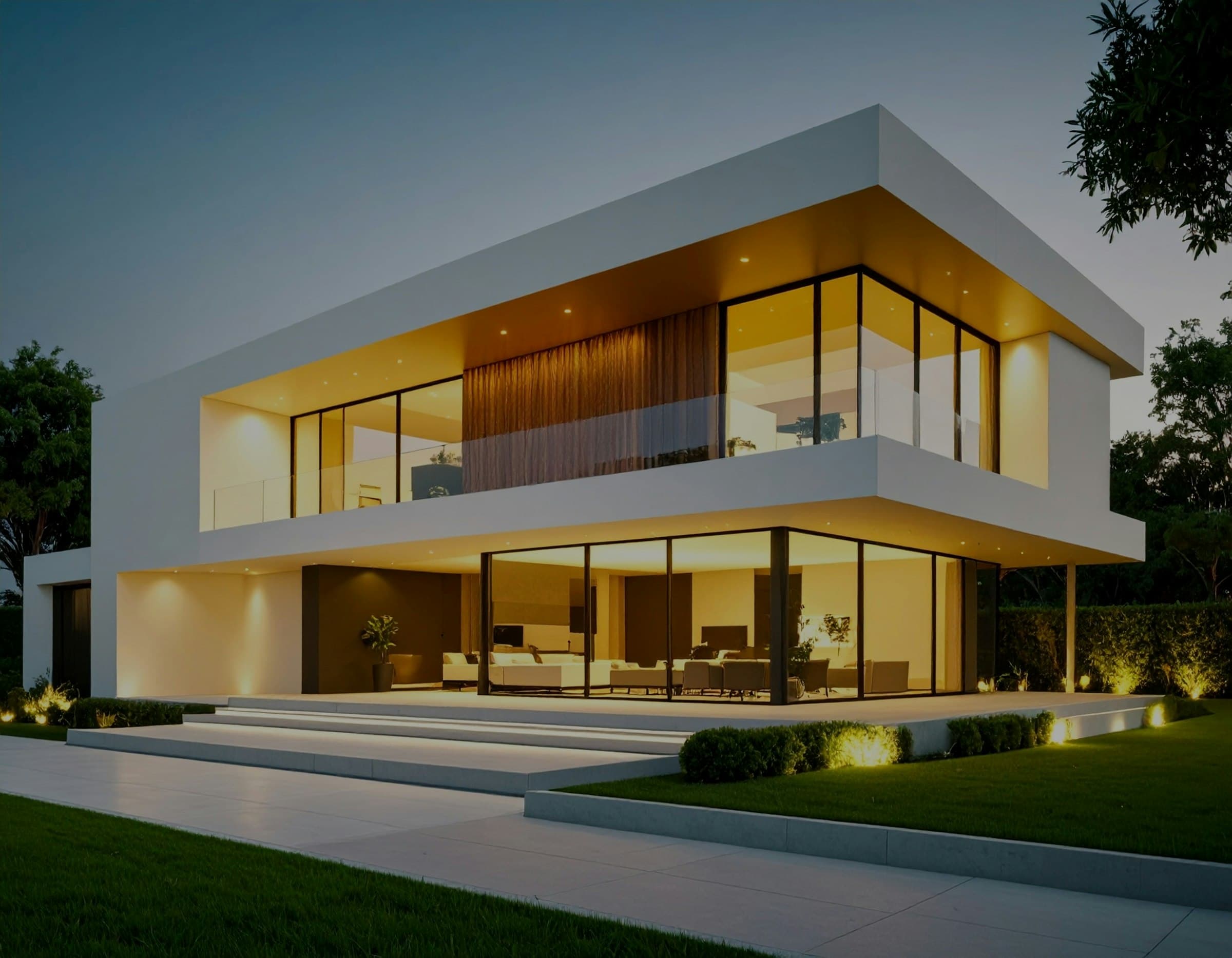 Modern home exterior glowing with warm lights at dusk